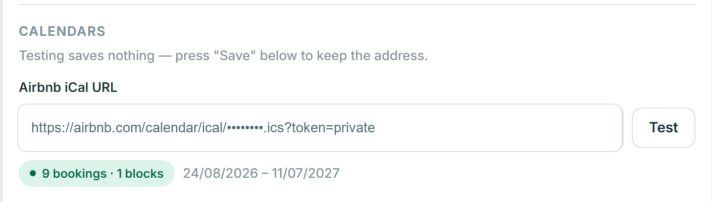 Anonymized real Hoster Settings screen showing a connected Airbnb calendar