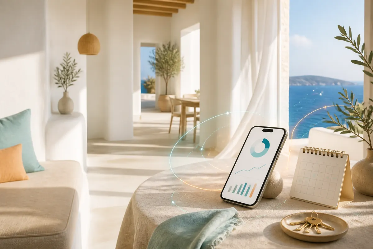 Bright Greek apartment with a phone showing a property operations dashboard